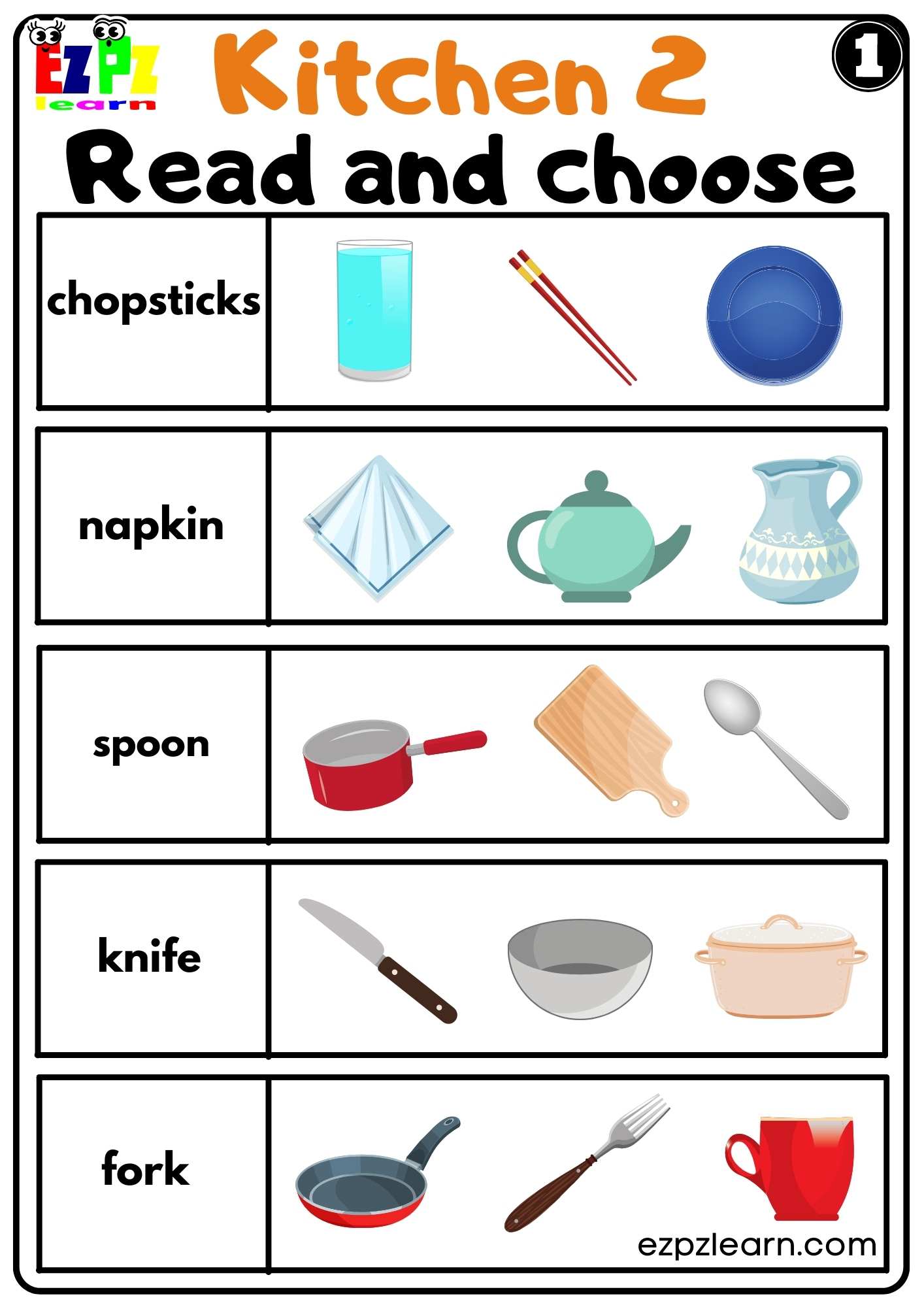 Kitchen Utensils Read And Choose Worksheet For ESL And Homeschool 